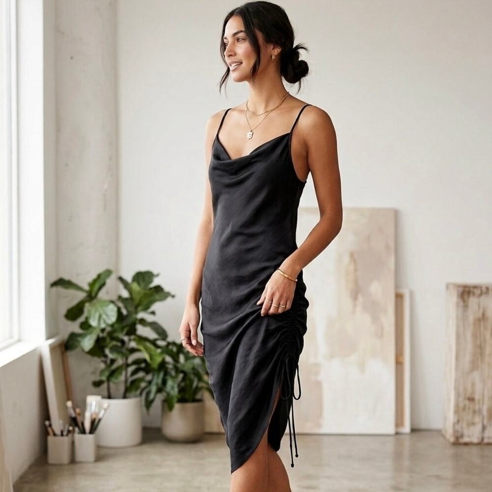 Free People Slip Dress Ruched Satin Black Coquette Goth Whimsigoth Lingerie XS⁠